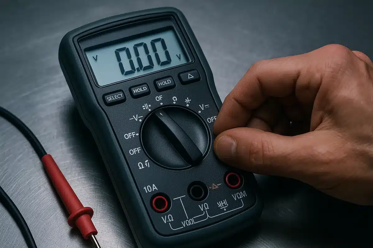A skilled electrician adjusts a digital multimeter on a workbench, emphasizing the importance of proper tools.