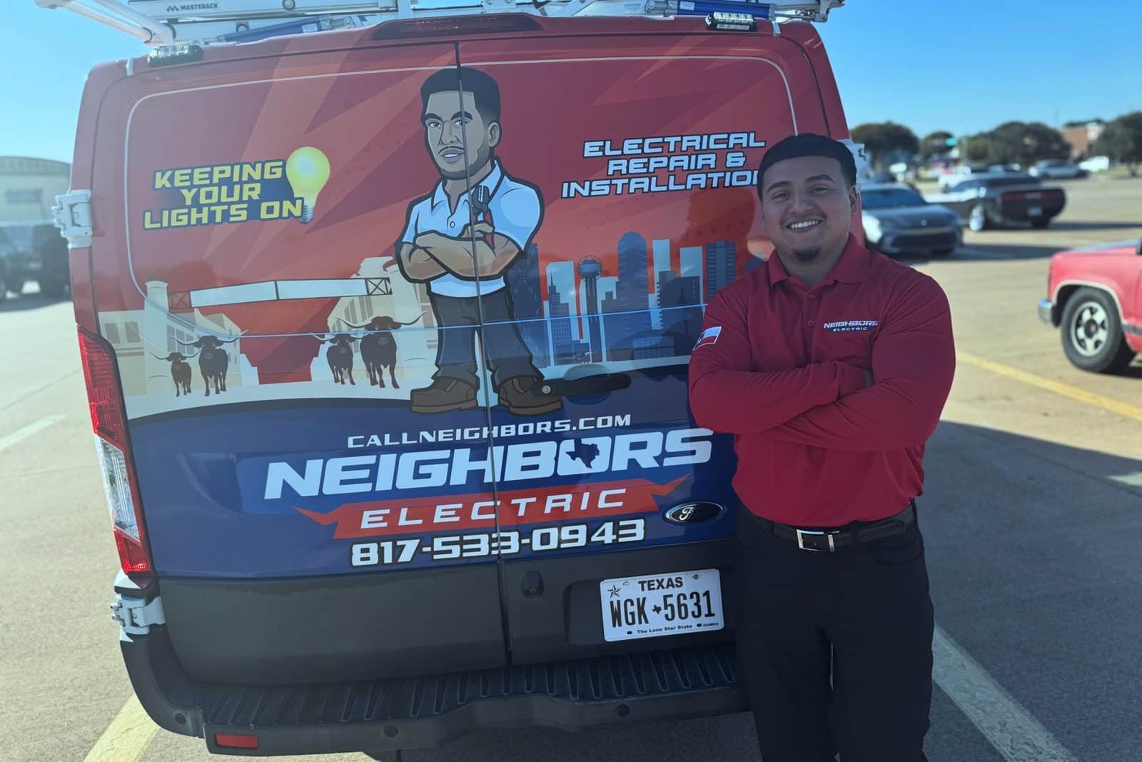 Neighbors Electric licensed electrician standing beside a company service van in Fort Worth