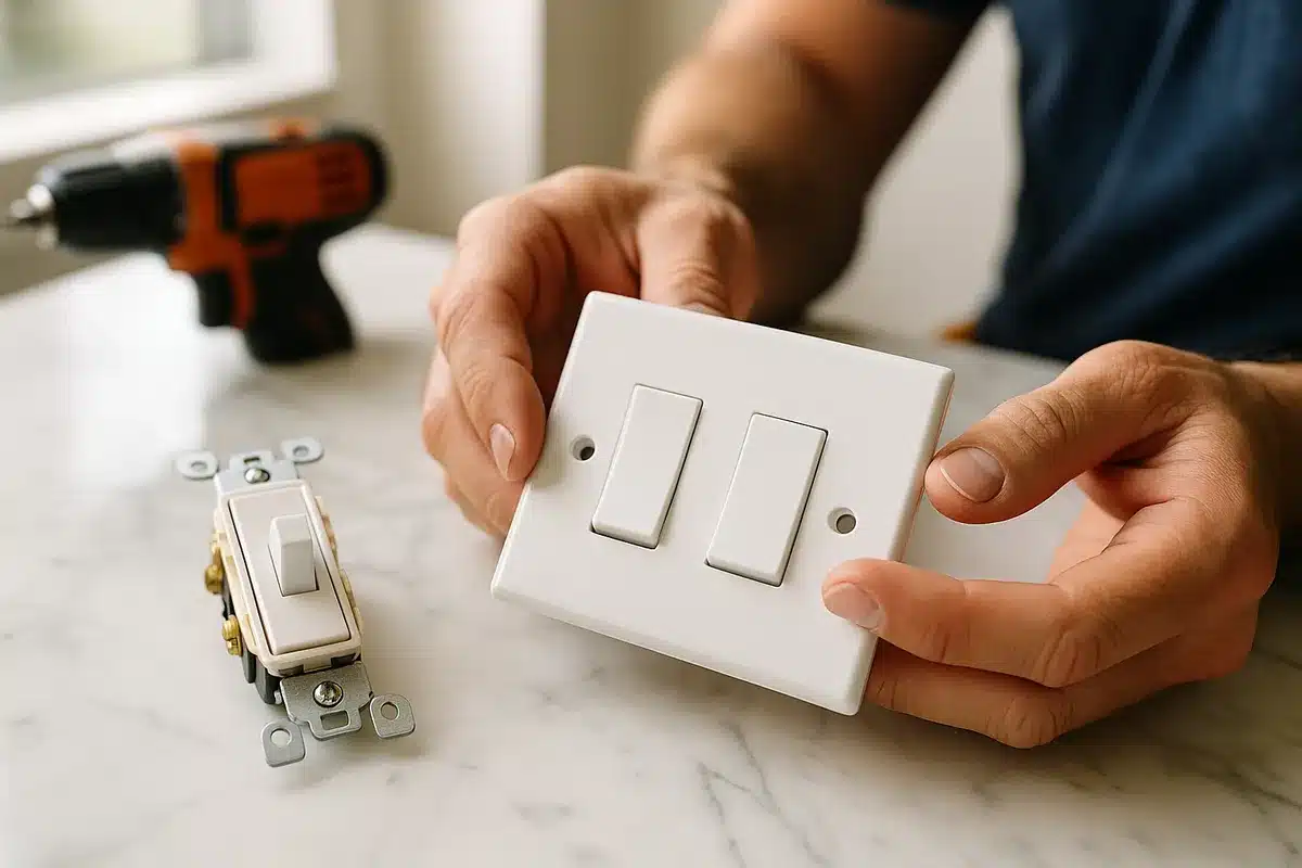 A close-up of various light switches, highlighting common electrical components discussed in repair questions.