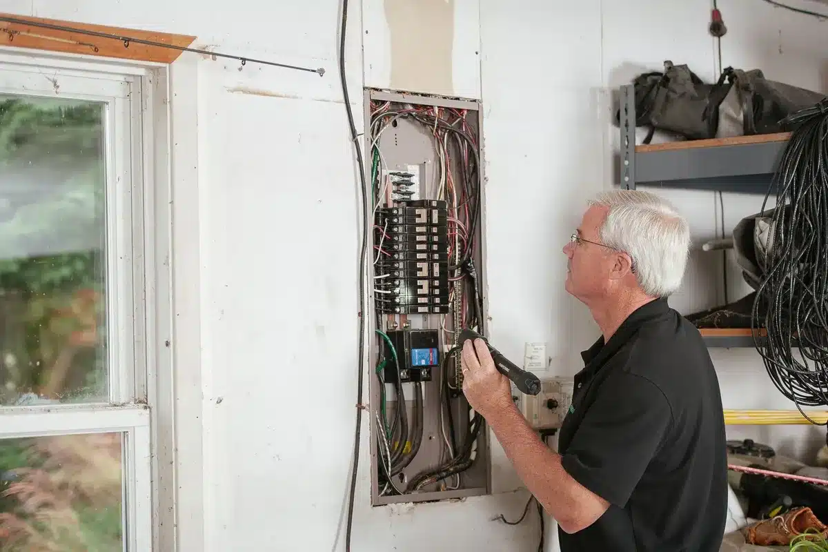 An electrician inspects a residential fuse box indoors, highlighting the importance of safety after hours.